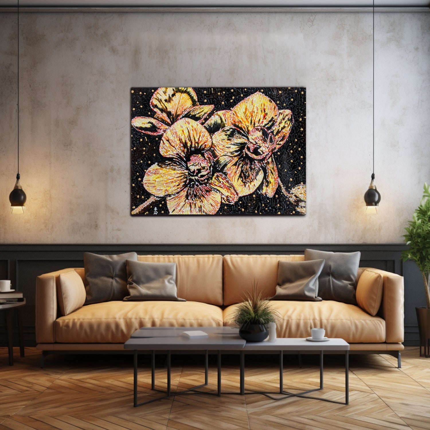 Golden Orchid Flower Abstract Painting