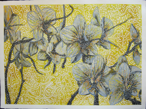 Yellow Orchids Abstract Luxury Acrylic Flower Art