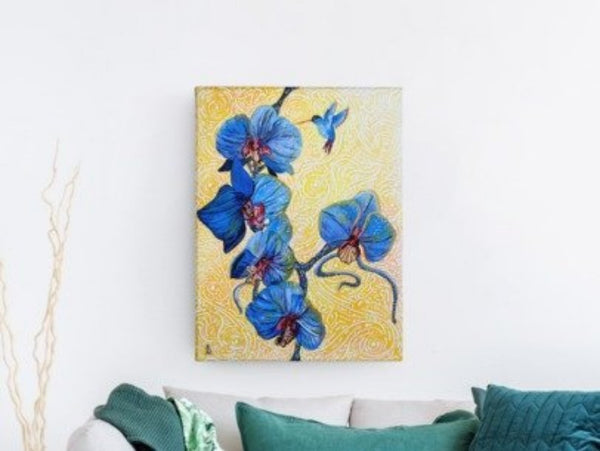 ORCHIDS AND HUMMINGBIRD Abstract CANVAS PRINT