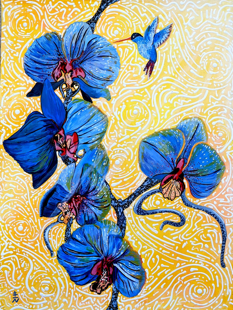 Orchids and Hummingbird Painting
